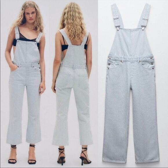 Zara Womens Sz S Pinstriped Denim Overalls Light Blue Bib Style Flared Cotton - Picture 1 of 16